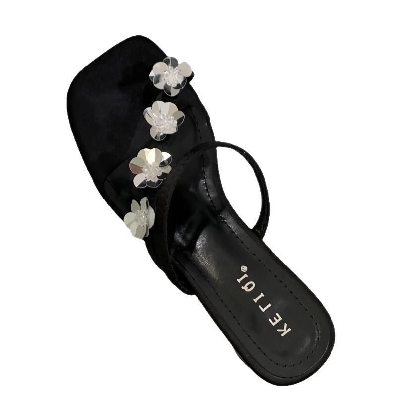 Spring and Autumn 2025 New Fashion Versatile Temperament Square Head Sequins Flower Set Toes Thick Heel Sandals Female Summer