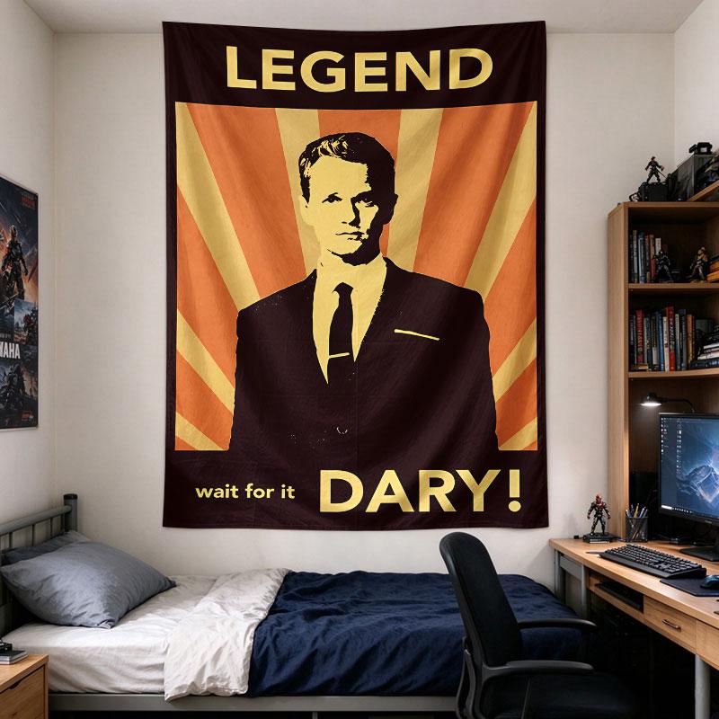 Legend Dary orange retro sunburst poster showing Barney Stinson in a suit silhouette, LEGEND wait for it DARY type in cream and, Wall Hanging