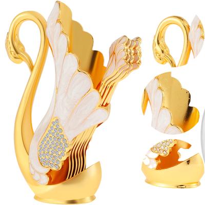 6Pcs Coffee Spoon Set with 1 Swan Shape Base Holder Zinc Alloy Swan Base Spoon Organizer Elegant Fruit/Dessert Swan Flatware