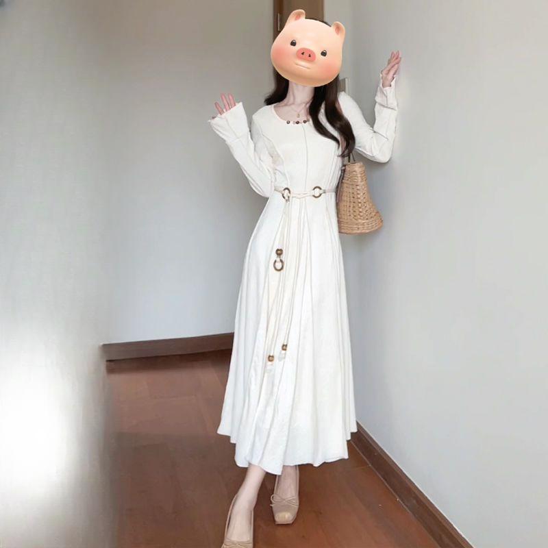 French Square Neck Long Sleeve Dress for Women Spring/Autumn Style Waist-Cinching Flared Long Sleeve Textured Maxi Dress Ethnic Style Skirt