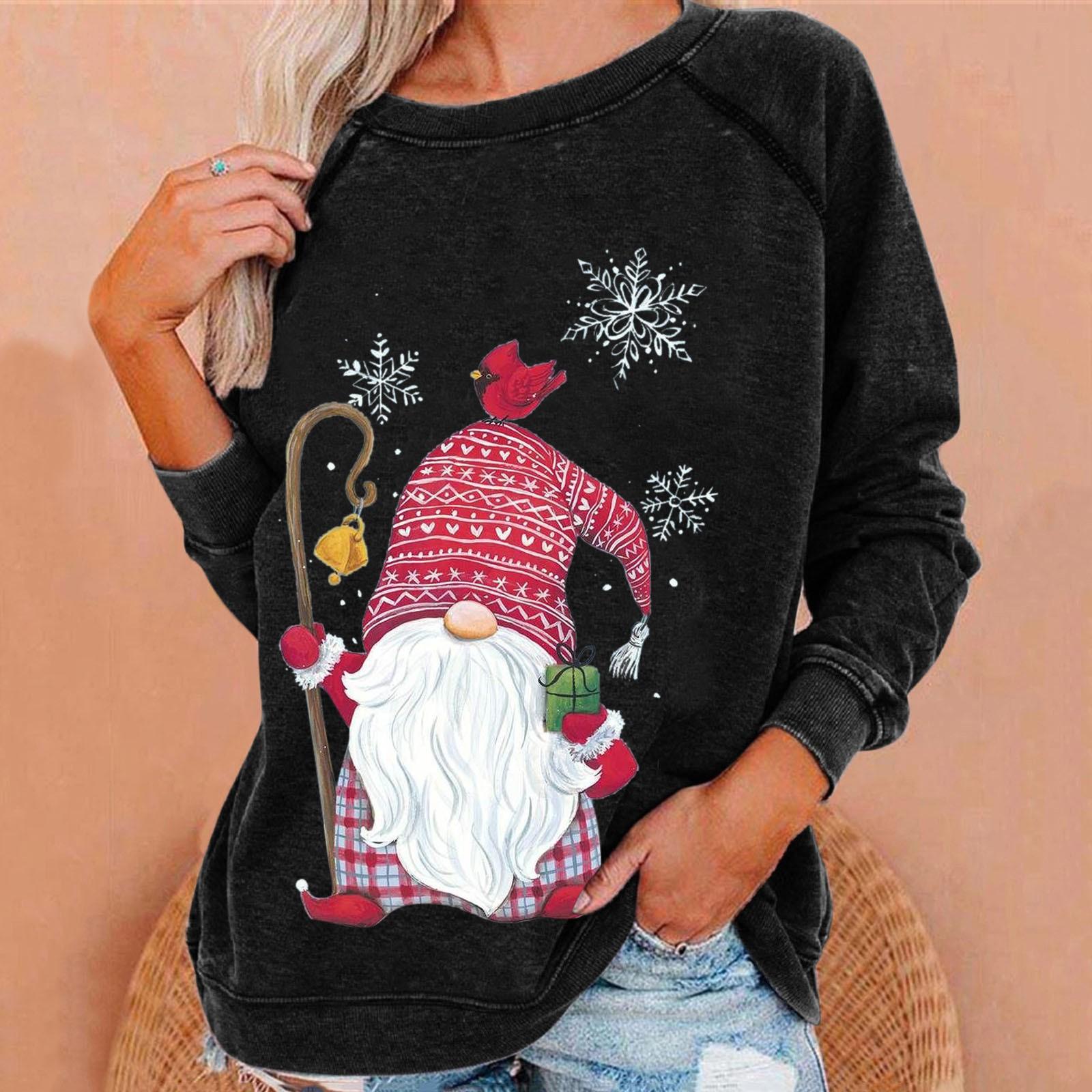 

Модный женский свободный свитер с длинным рукавом с рождественским принтом и флисовым верхом XXL чёрный