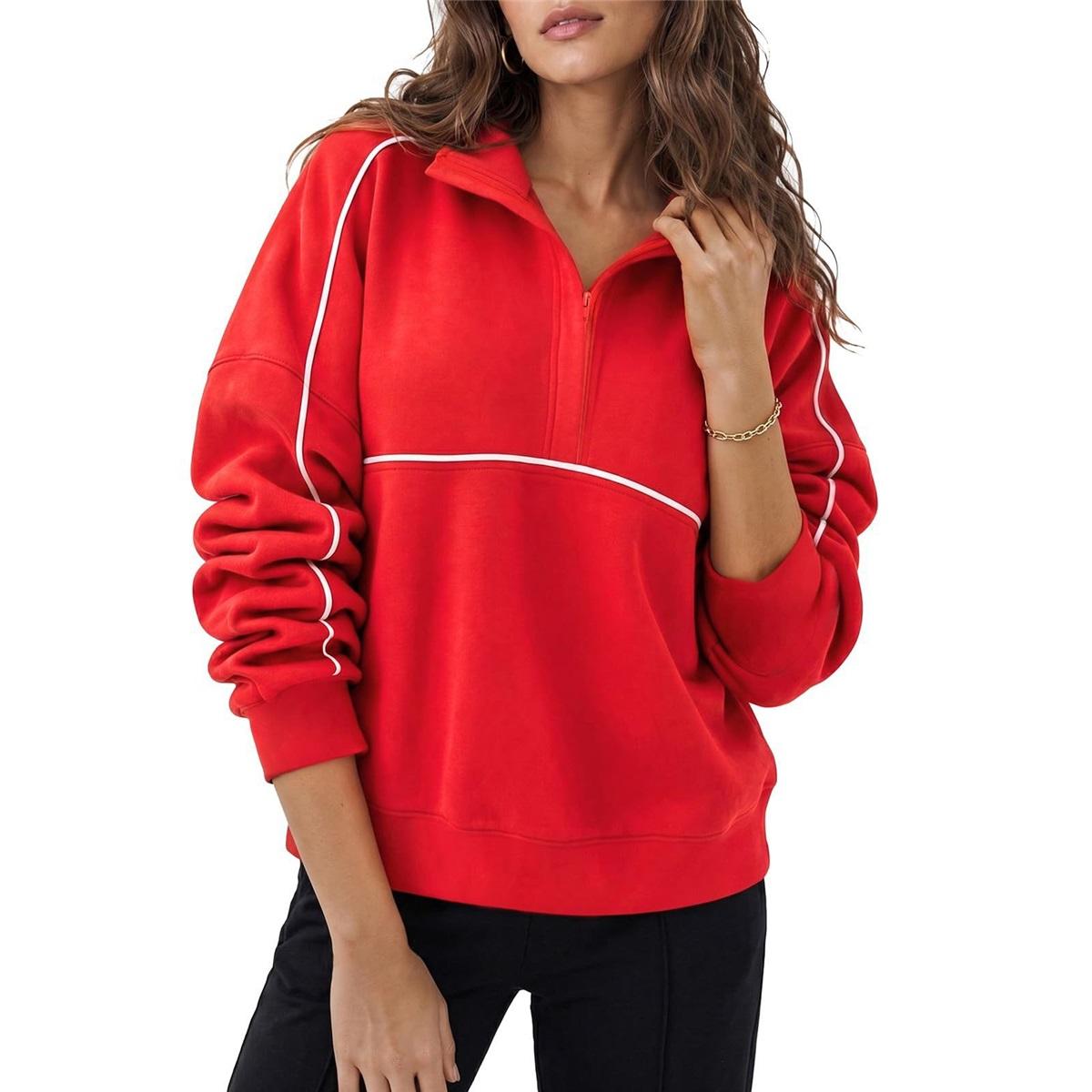 Sweatshirt à col montant et demi-zip pour femme avec passepoil contrastant, coupe ample à épaules tombantes, manches longues, haut pull décontracté S rouge
