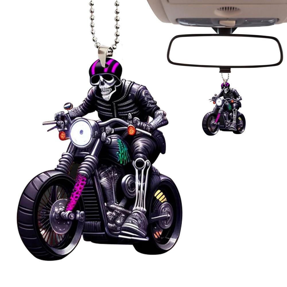 Car Arylic Skeleton Ornament Acrylic Quirky Pendant Skeleton Ride Motorcycle Lanyard-Attached Seasonal Decors For Backpack