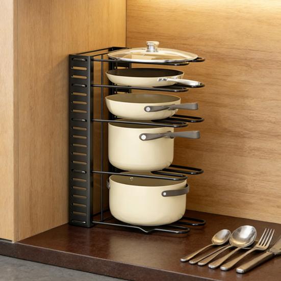Szintes Állítható Serpenyőrendszerező Edénytároló Állvány Edény- és Serpenyőtartó Lábasállvány Konyhai Pultra és Szekrénybe