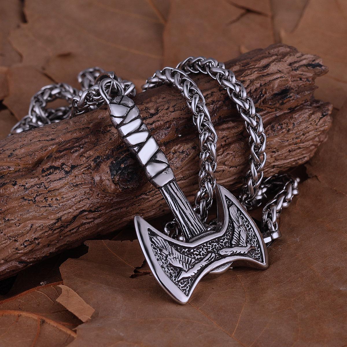 

Stainless Steel Vikings Axe Necklace Mixed Gold Color Odin Raven Pendant Men s Personality Rune Amulet Gift for Boyfriend