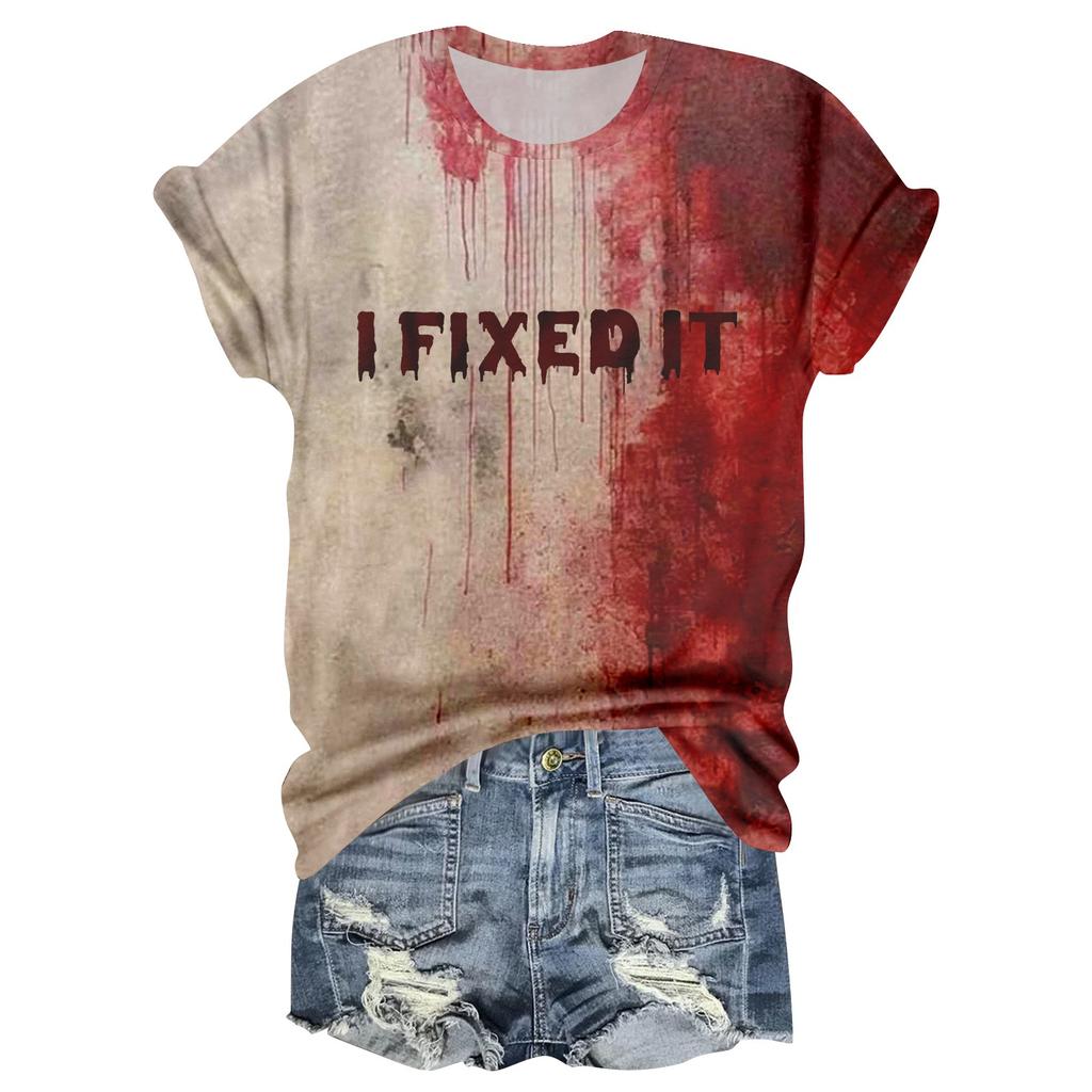 Women's Casual Round Neck Halloween Print Short Sleeve T-Shirt Top