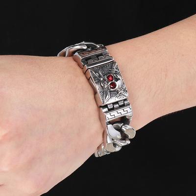 Punk Skull Face Head Bracelets Men's With Red CZ Eyes Stainless Steel Cuban Link Chain Bangles Cyberpunk Jewelry Vikings Gifts