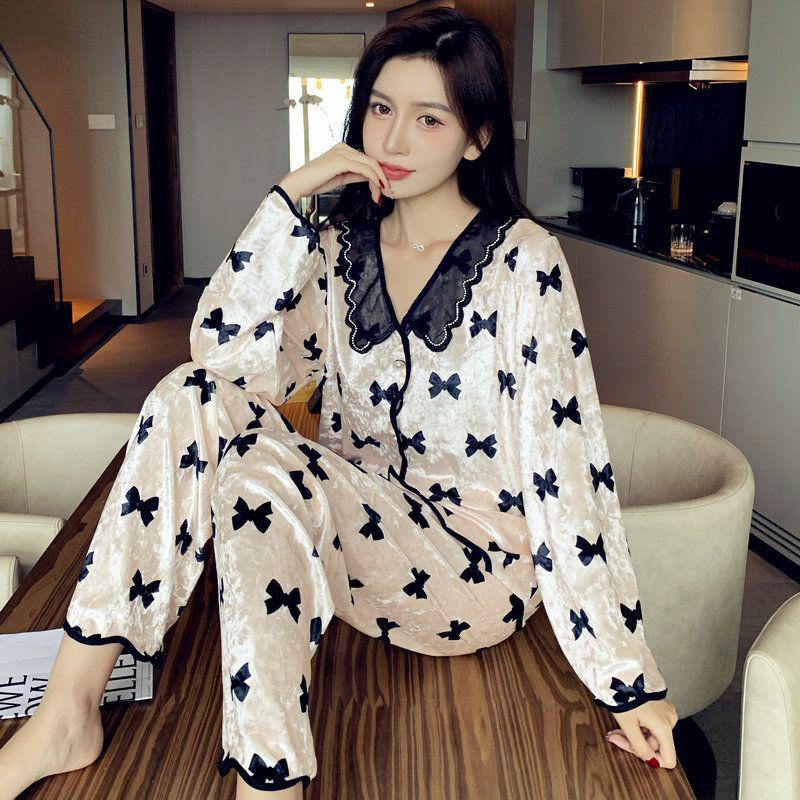 Women's Golden Diamond Velvet Lapel Pajama Set: Long Sleeve Cardigan and Pants, Soft, Comfortable, Anti-static Home Wear for Autumn/Winter.
