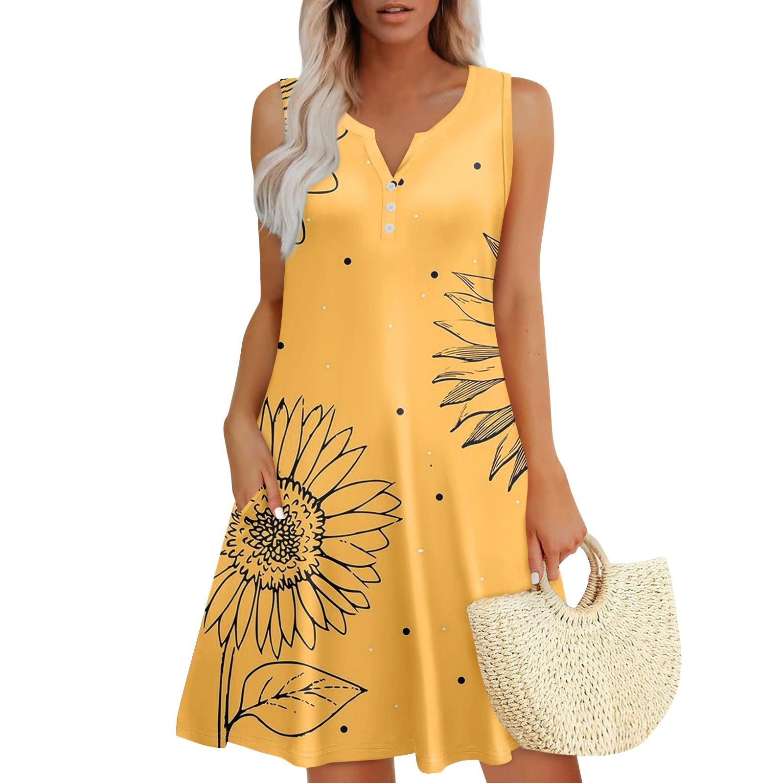 

Женские летние платья Свободные сарафаны без рукавов с V-образным вырезом Платье с карманами XL жёлтый