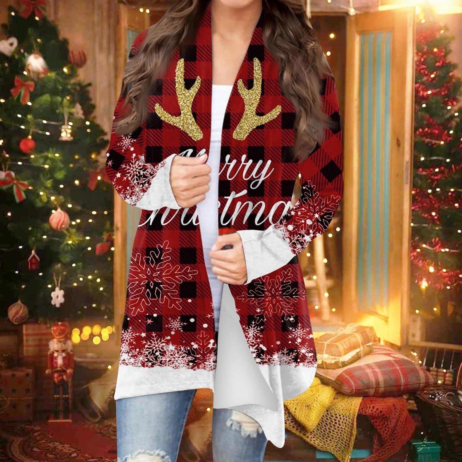 Women s Chirstmas Print Long Sleeve Front Cardigan Printed Top Lightweight Jacket XXXL винный