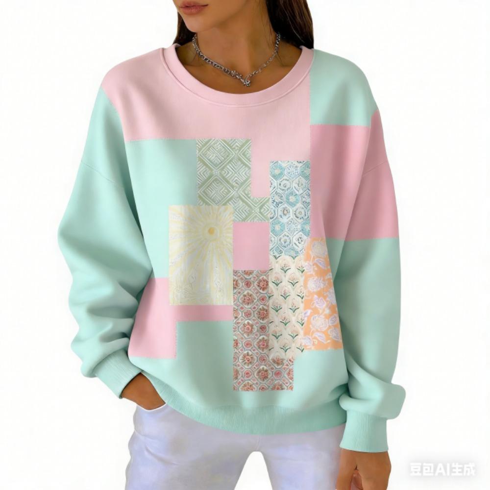 אופנת אביב שילוב צבעים חולצת טי לנשים קז'ואל הדפס וינטג' פולאובר לנשים בגדי שרוול ארוך קז'ואל בחוץ חולצות טי עליון