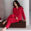 Women's Red Lycra Cotton Pajama Set – Long Sleeve & Pants, Lapel Design, Autumn/Spring Homewear.