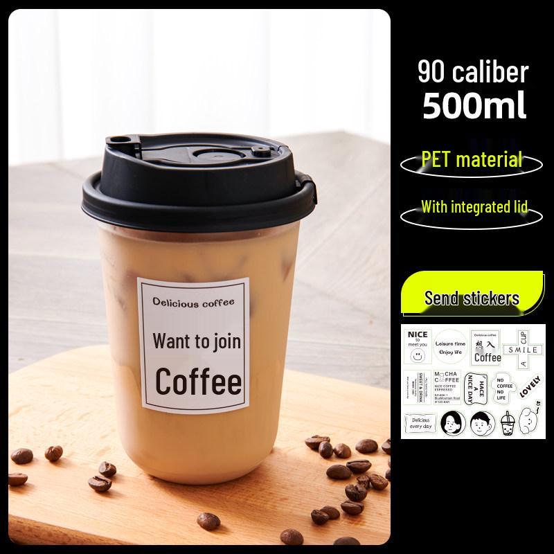 Transparent Disposable Coffee Cup with Lid, 90 Caliber, American Style for Cold Drinks, Milk Tea, Chubby Takeaway Cup