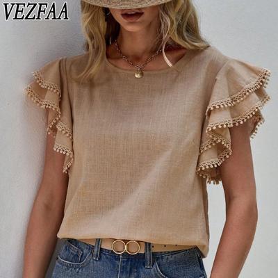 Moda damă ocazional vară primăvară culoare uni imprimeu cu mânecă scurtă cu decolteu O bluze și cămăși