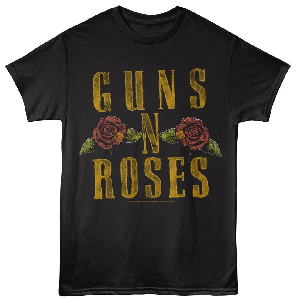 Guns N Roses Men T-Shirt LOGO AND ROSES Official Music Concert Black Cotton Unisex T-Shirt XXXL