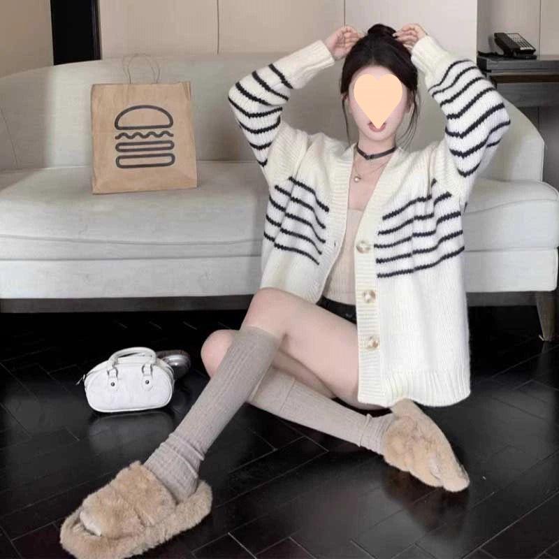 Women's Soft Striped Knitted Cardigan - Unique Lazy Style Sweater Coat for Spring & Autumn 2024