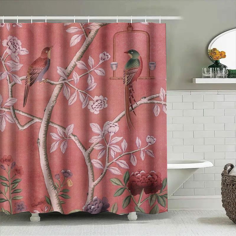 Vintage Bird Bathing Shower Curtain Decorative Home Decoration Pink Floral Design Bathroom Linen 72X84