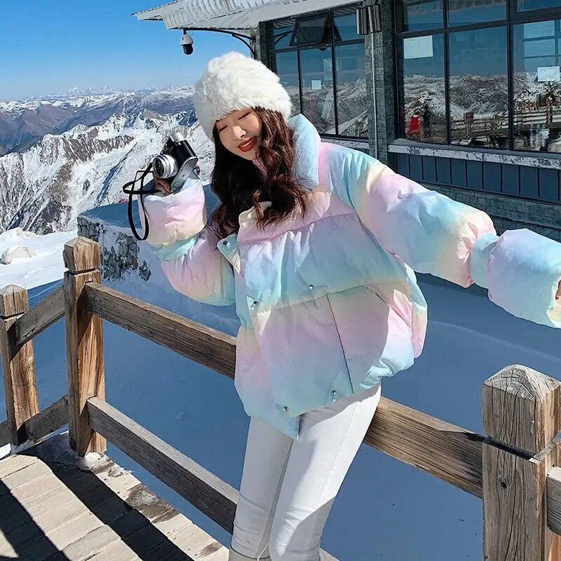 

Радужный градиент цвета, контрастный пуховик, женская зимняя куртка-пуховик на молнии, пуховики, верхняя одежда, теплая теплая милая каваи