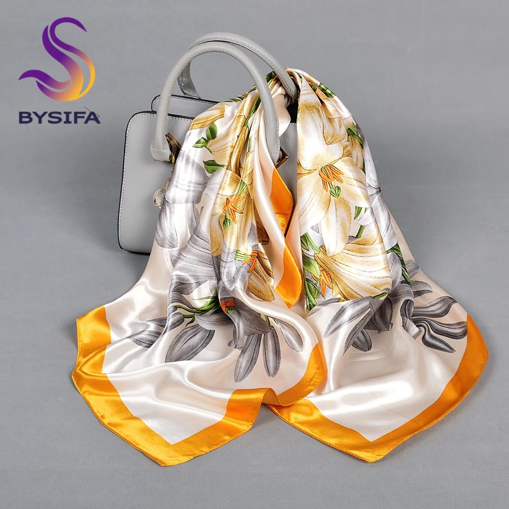 BYSIFA| Blue Floral Silk Scarf Hijab Ladies Fashion Sweet Square Spring Summer Scarves Fouldard Fall Winter Square Satin Scarves
