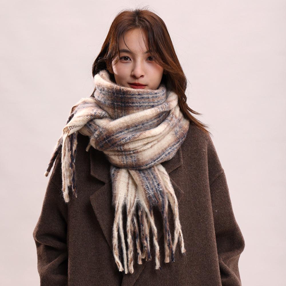 Mohair Plaid Wool Scarf Tassel Long Shawl Retro Winter Cashmere Scarves Student