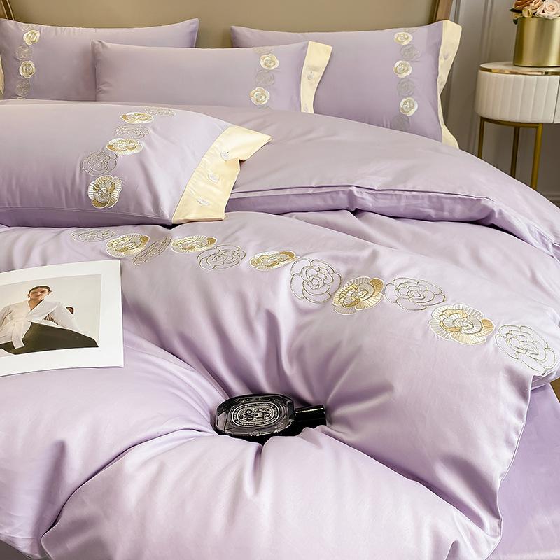 Embroidery Pure Cotton Four-piece Quilt Cover Solid Color Bed Sheet Light Luxury Style Bedding