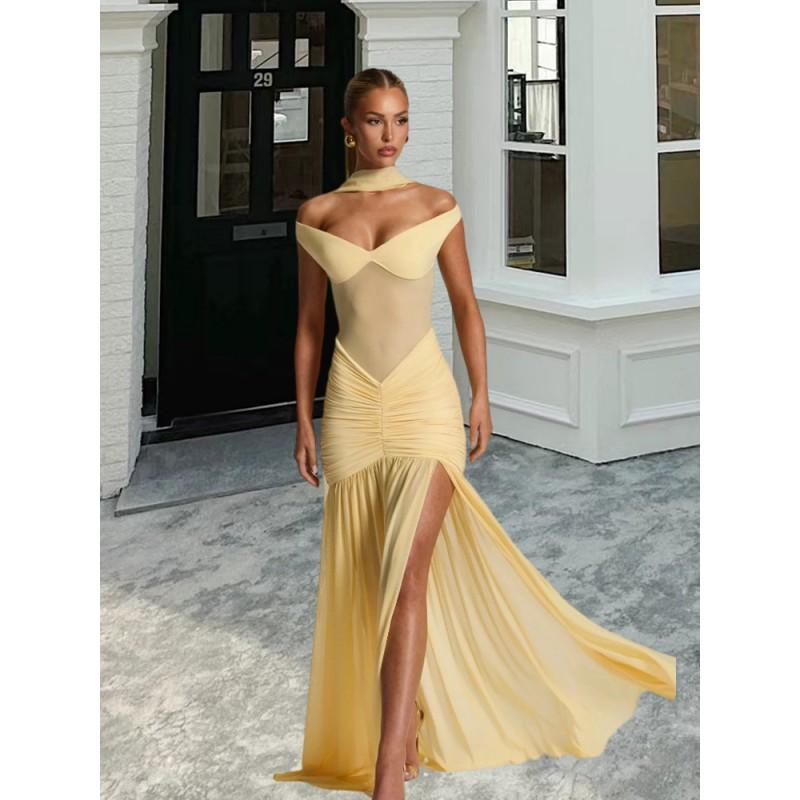 Off Shoulder Slit Evening Gown Slim Fit Irregular Mermaid Hem Party Dress