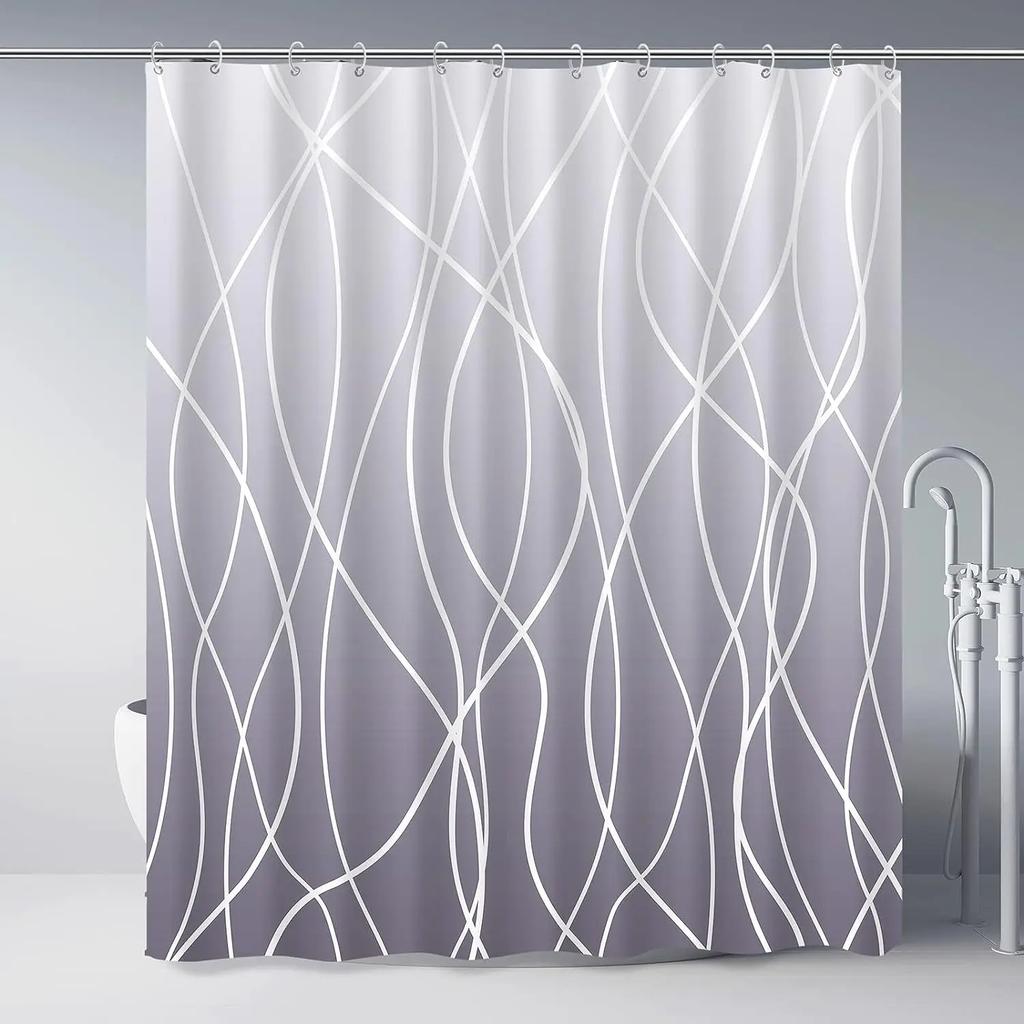 Unframed Modern Black and White Striped Corrugated Fabric Bathroom Shower Curtain,  Gradient Stripe, Bathroom Decorative Shower