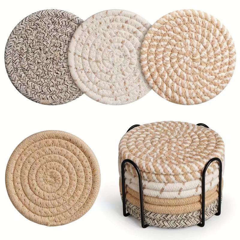 8 Cotton Rope Woven Placemats and Coasters: Handcrafted, Minimalist Coasters with a Japanese-Style Table Setting