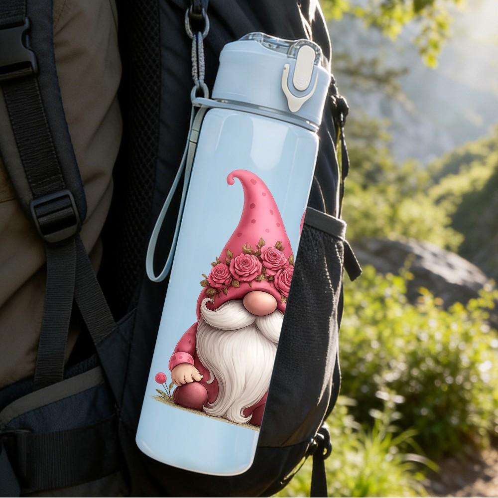 1PC Cute Pink Heart Gnome Pattern 750ml Color Plastic Sports Water Bottle Leakproof Flip Straw Lid Suitable for Sports Office Home Use