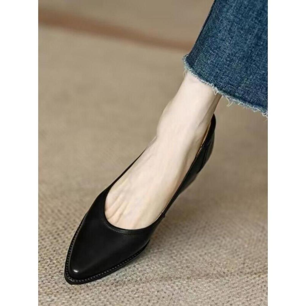 Retro Polished Thick-heeled Single Shoes for Women In the Spring and Autumn of 2025, the New Pointed Head, Shallow Mouth, Simple Commuting, One-pedal
