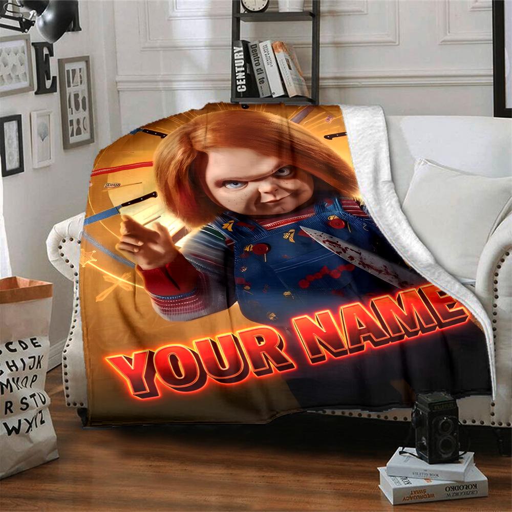 1pc Chucky Blanket with Custom Name, Gift, for Men and Women, Soft Blanket, Good for Sofa Bed Couch Travel, Lightweight Flannel Blanket