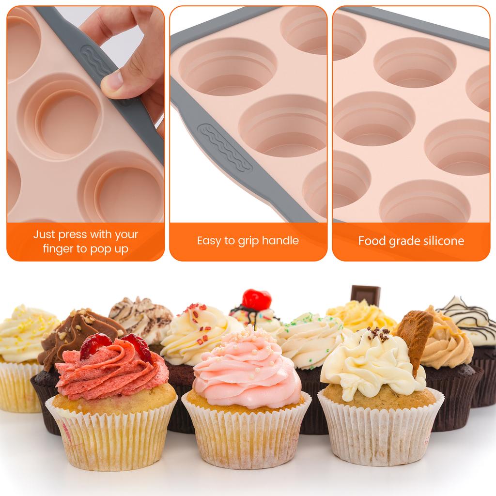 2 Pcs Silicone Pancake Baking Tray Molds with Metal Frame 6/12 Cup Non Stick Foldable Cupcake Baking Tray