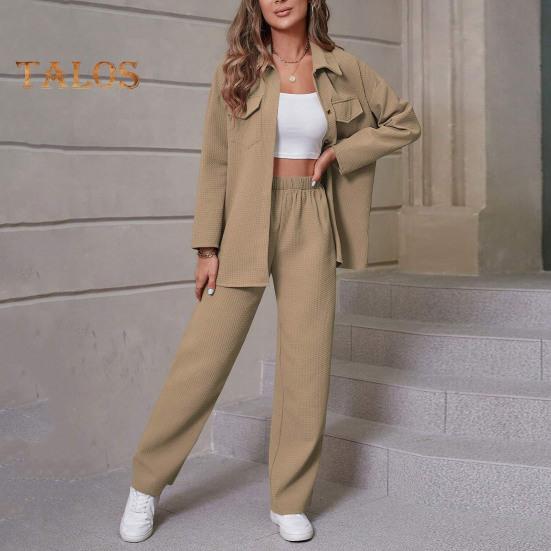 2 Pcs/Set Fall Spring Women Shirt Pants Set Long Sleeves Lapel Button-down Blouse with Chest Pocket Elastic Waist Trousers OL Commuting Sport