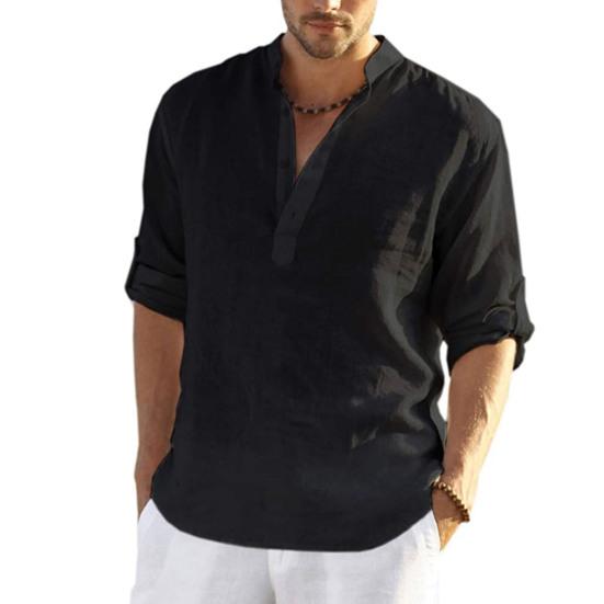 

Мужская рубашка с длинным рукавом и пуговицами с v-образным вырезом, однотонная свободная повседневная футболка XL чёрный