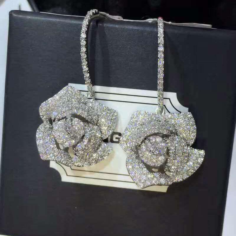 European & American Fashion Zircon Camellia Rose Earrings for Evening Dress