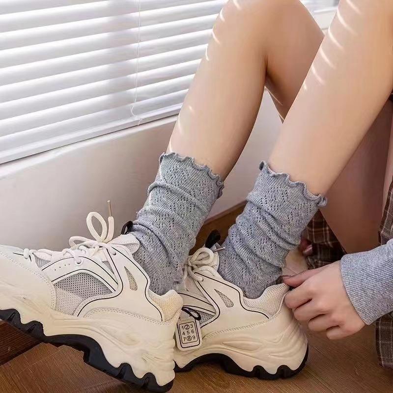 Spring, Autumn and Winter Retro Breathable Mid-calf Pile Socks for Women with Hollowed-out, Moving Loop Mesh Lace, White