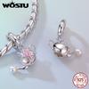 WOSTU 925 Sterling Silver Pink Charms Bead Collection Butterfly lotus Perfume Bottle Umbrella Pendant Fit DIY Bracelet Necklace