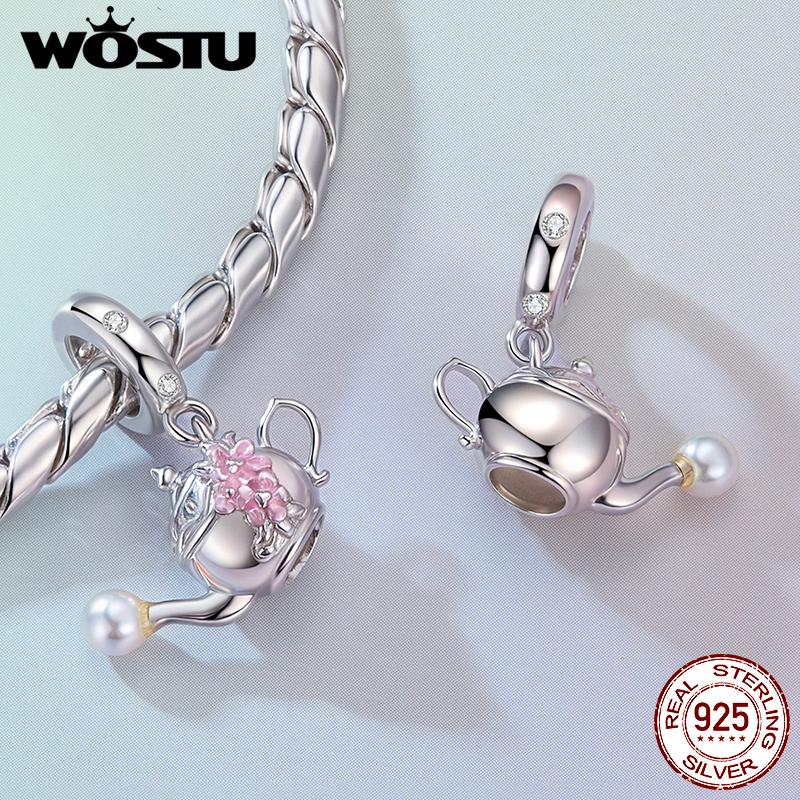 WOSTU 925 Sterling Silver Pink Charms Bead Collection Butterfly lotus Perfume Bottle Umbrella Pendant Fit DIY Bracelet Necklace