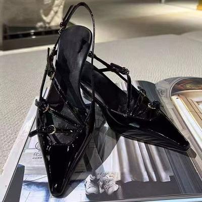 Patent Leather Thin Heel French High Heels Niche Design Sense 2025 Celebrity Word with Bag Head Sandals Empty Single Shoes Women