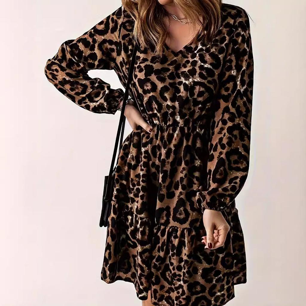 Women's Long-sleeved V-neck Casual Waist-hugging Leopard Print Knee-length Dress