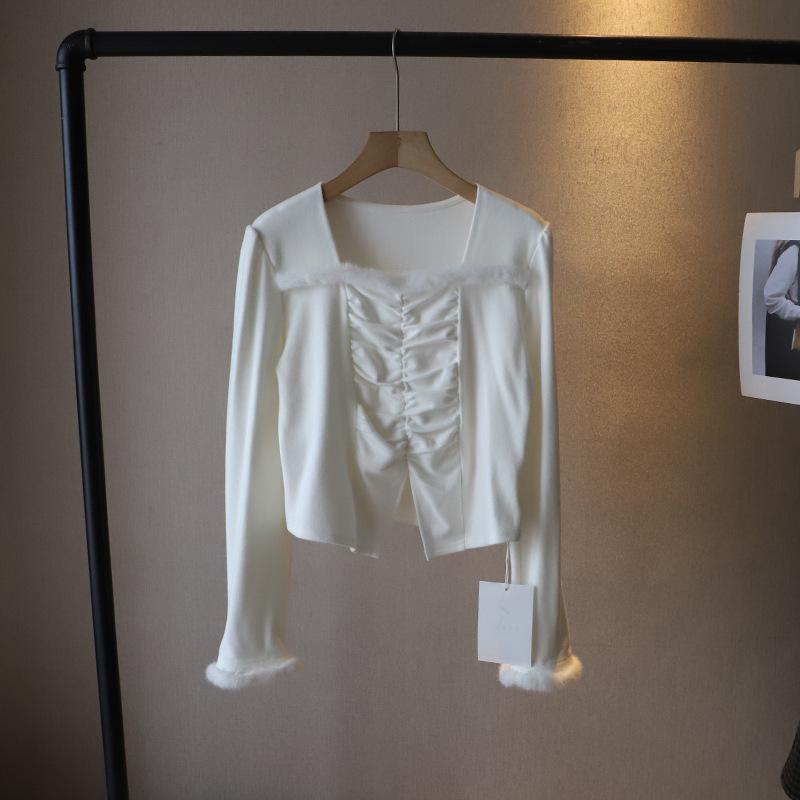 

[Би Чжэн] 2024 Зимняя лоскутная меховая рубашка с квадратным вырезом, облегающего кроя, с драпировкой, короткая, для женщин One Size белый