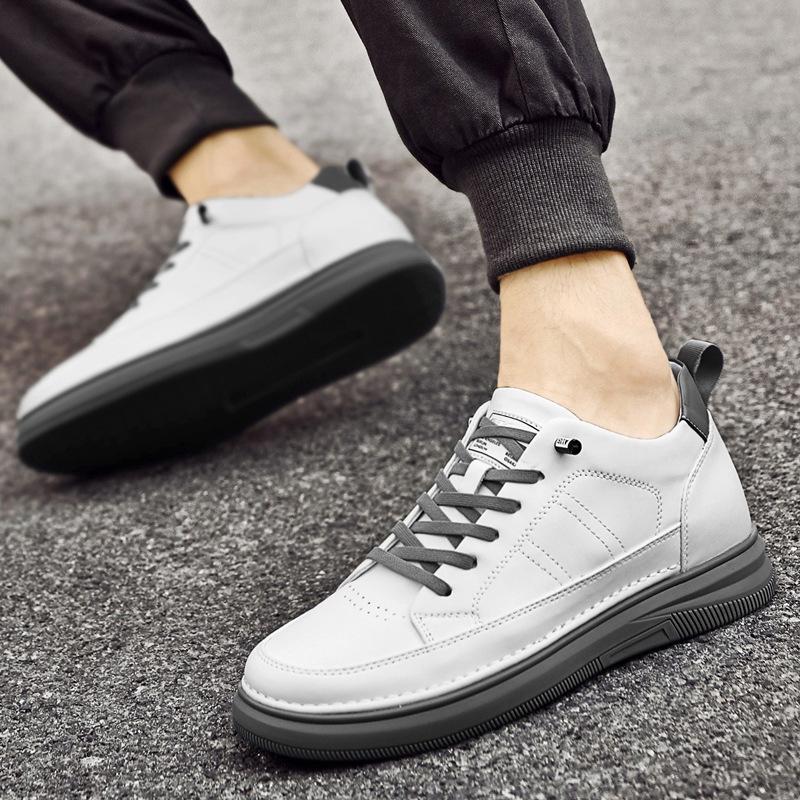 Men's Height-Increasing Platform Sneakers - Thick Sole, Cowhide White, Low-Top, Casual Sports Shoes for Spring