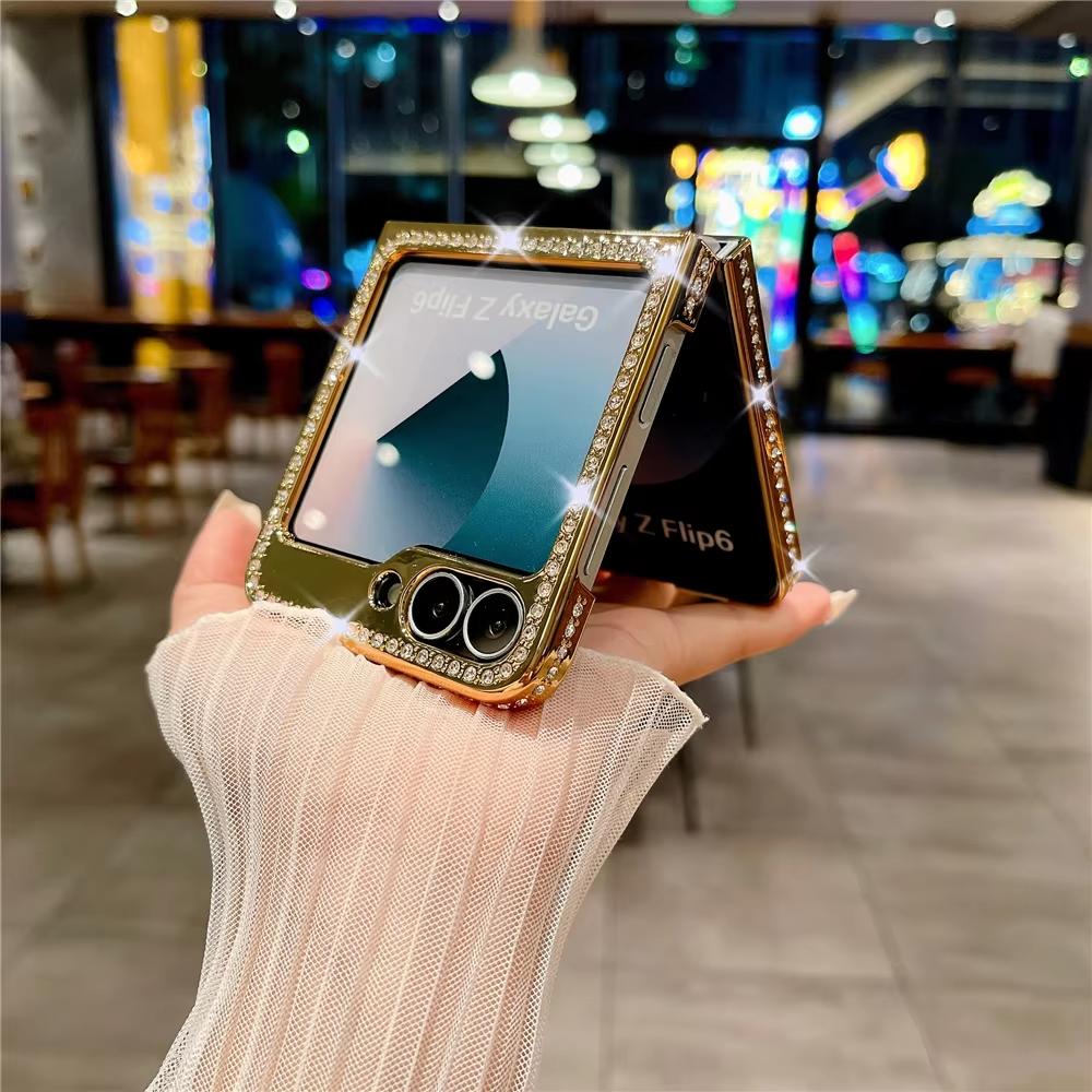For Samsung Z Flip 6 Ring Holder PU Leather Plating Case For Samsung Galaxy Z Flip 6 Z Flip 5 4 3 Bling Diamond Shockproof Cover