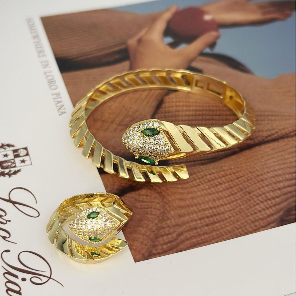 Personalized Retro Bracelet Set, Micro-inlaid Zircon Jewelry, Trendy Open Snake Ring.