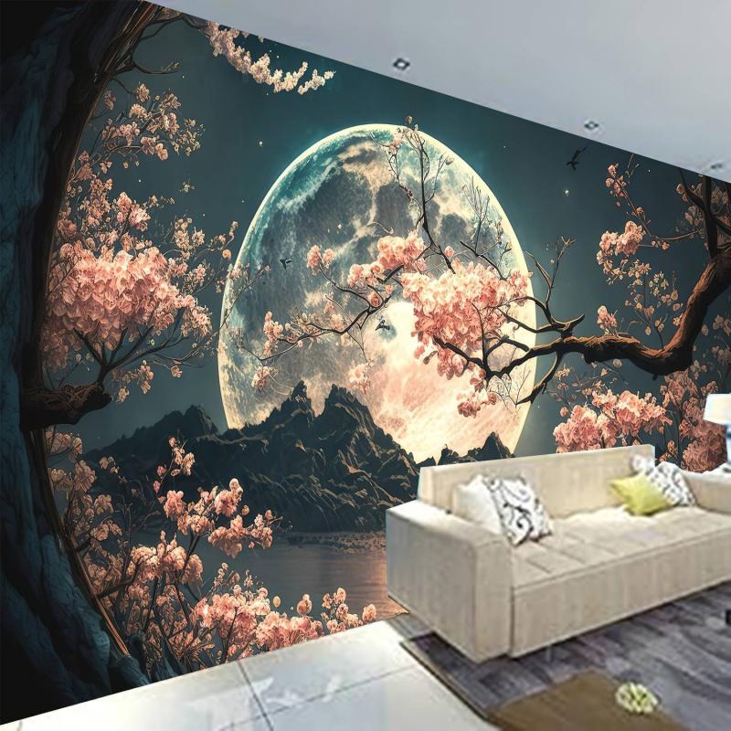 Peaceful Cherry Blossoms And Moon Scenery Tapestry Bedroom Living Room Dormitory Polyester Fiber Wall Hanging