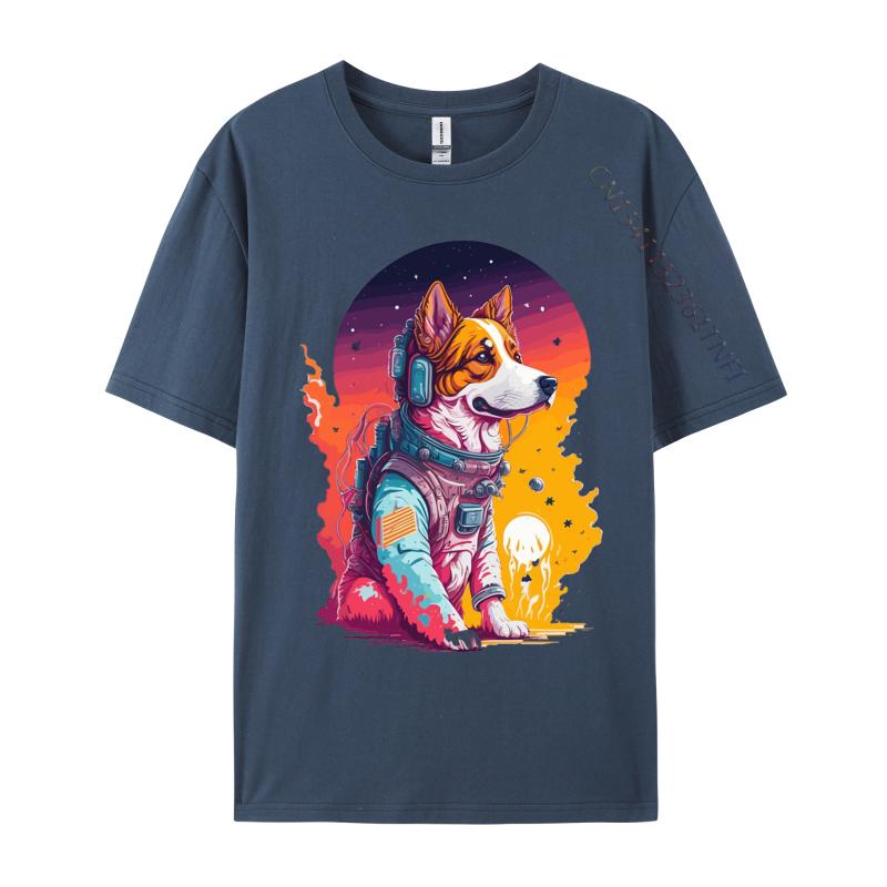 Hunde Astronauten Sonnenuntergang T-Shirt Druck Premium Baumwolle Rundhals Herren T-Shirts Hundeshirt Für Jungs Grafikshirts Herren