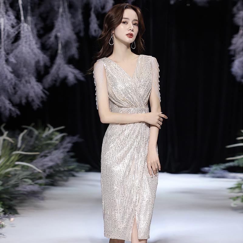 Small evening dress dress women's 1011 summer new champagne socialite temperament banquet host dress can usually be worn