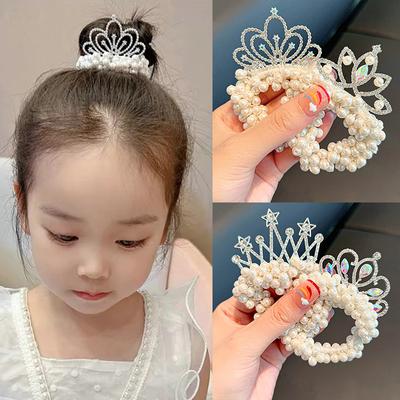Cute Girl Pearl Crown Princess Hair Bands Elastic Rubber Bands Children Hair Ties Hair Styling Tool