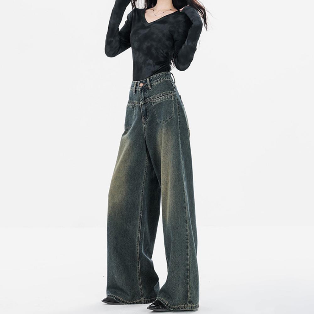 Spring and Autumn New Hong Kong Style Design Sense High Waist Wide Leg Jeans Women's Loose Straight High Mopping Jeans