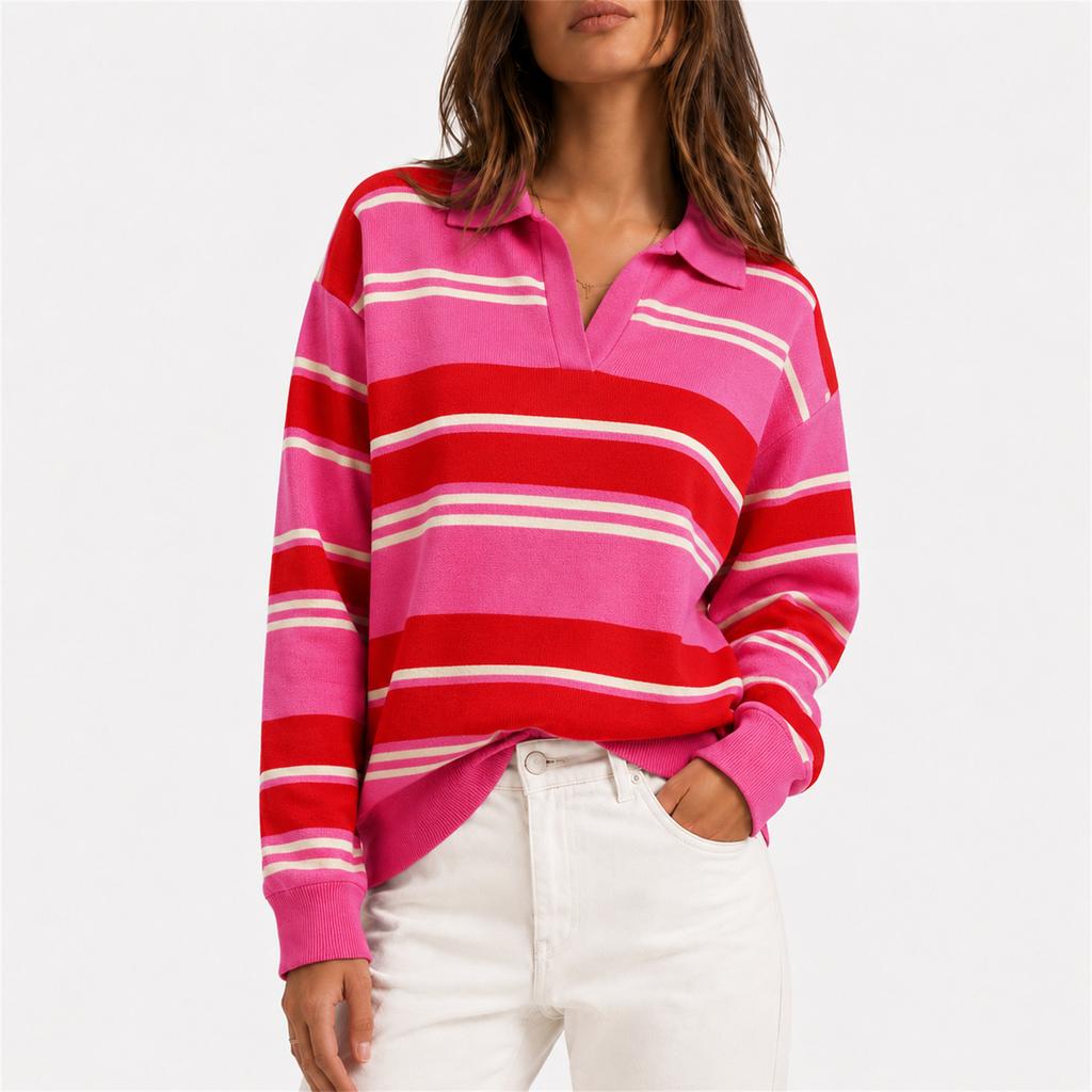 Women's Striped Knit Sweater with Collar for Casual Everyday